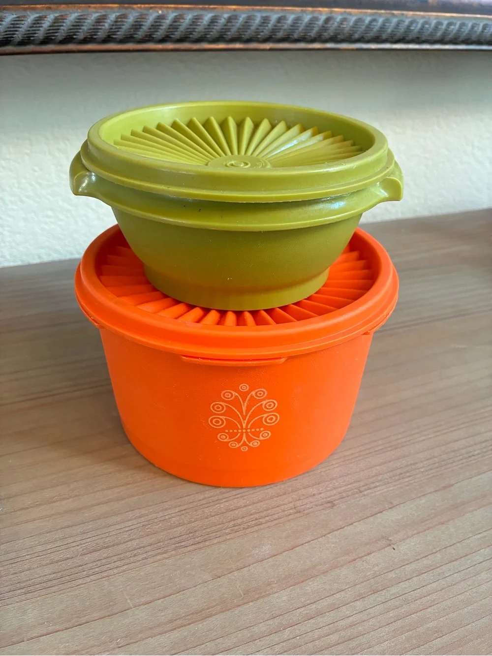 Tupperware Orange Bowl with Olive Green Lid Nesting Set